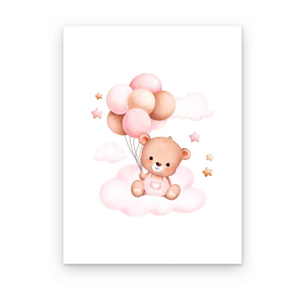 Cuadro Osito con Globos impreso en canvas, osito en una nube rosa con globos