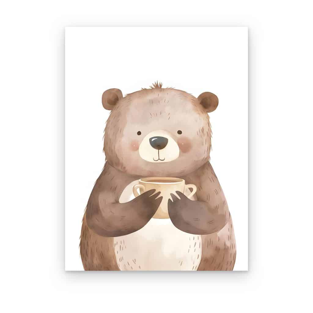 Cuadro Oso con Taza impreso en canvas, oso café sosteniendo una taza en acuarela