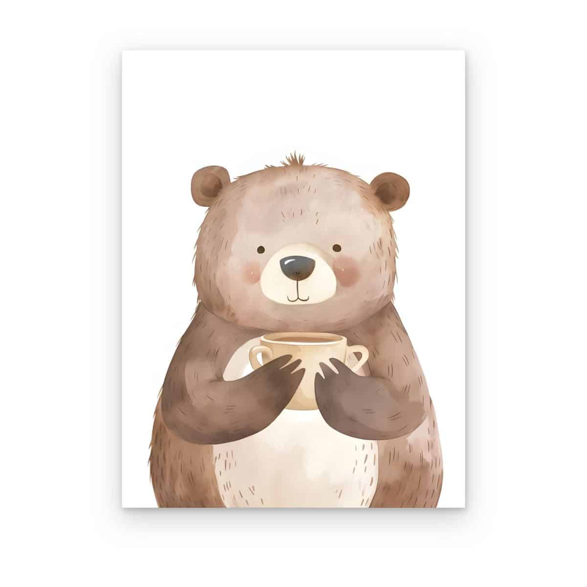 Cuadro Oso con Taza impreso en canvas, oso café sosteniendo una taza en acuarela