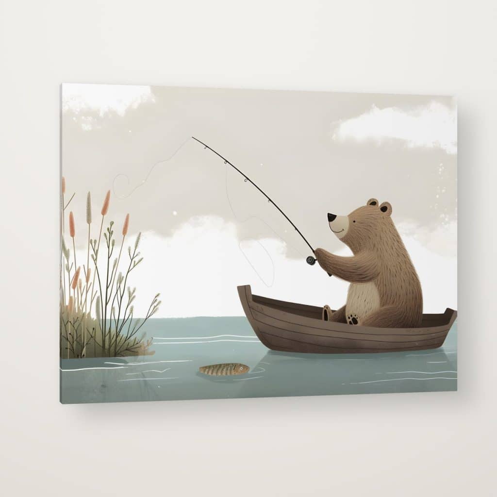 Oso Pescador en canvas con canto en espejo