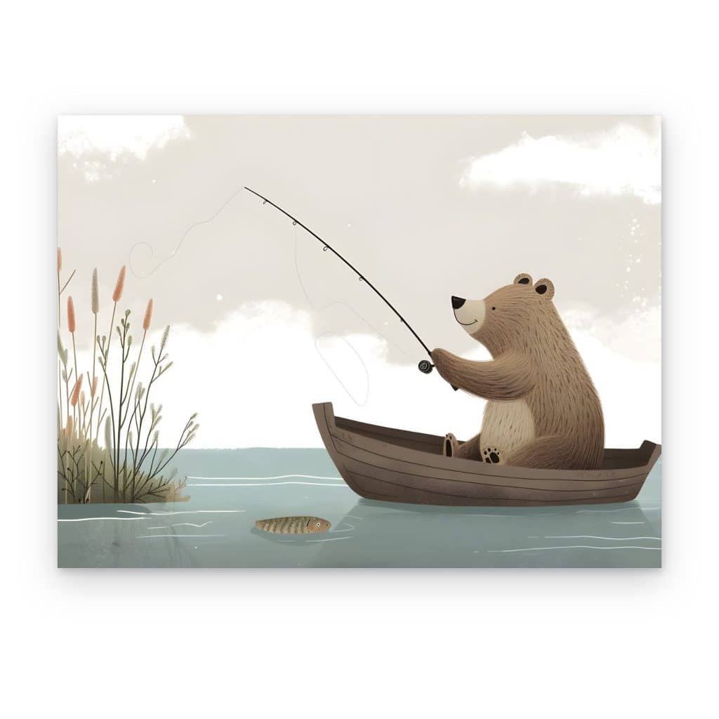 Cuadro Oso Pescador impreso en canvas, oso pescando desde una lancha en un lago