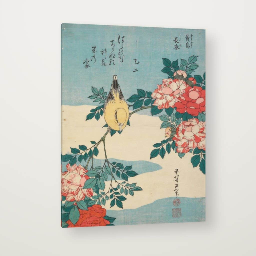 Pájaro y Rosas de Hokusai en canvas con canto en espejo