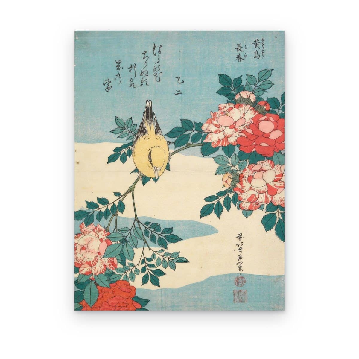 Cuadro Pájaro y Rosas de Hokusai impreso en canvas