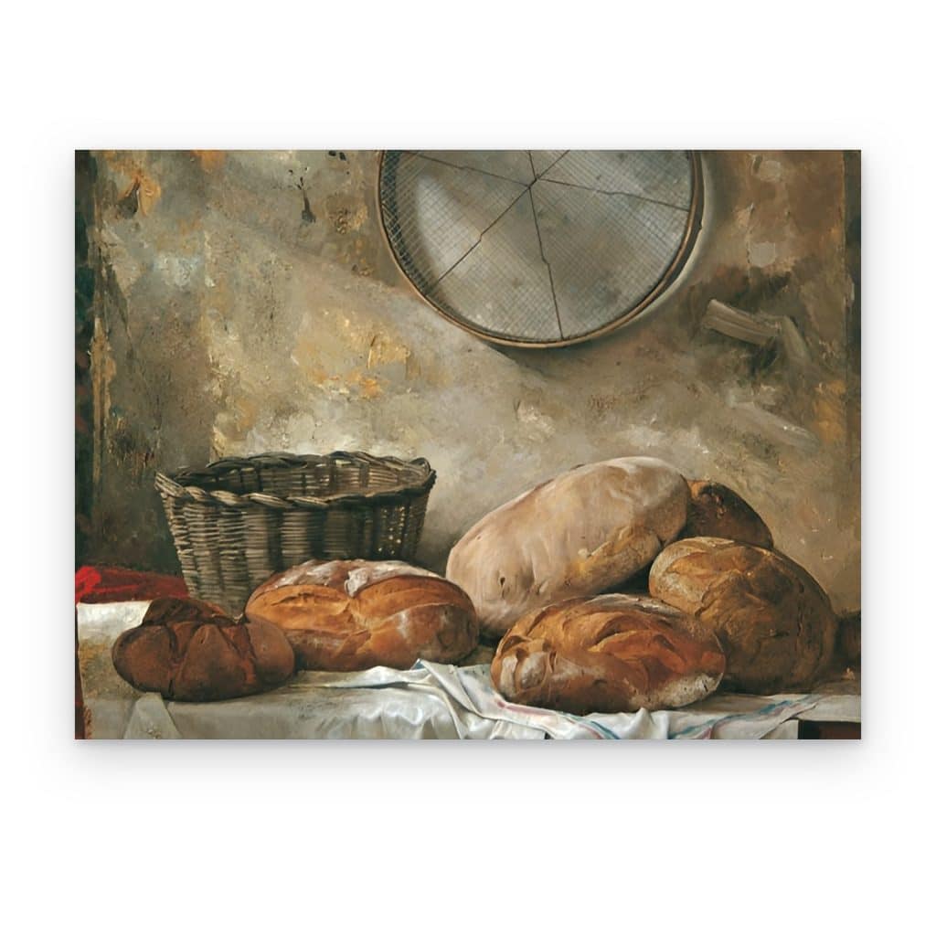 Cuadro Pan Rústico impreso en canvas, hogazas de pan con canasta de mimbre