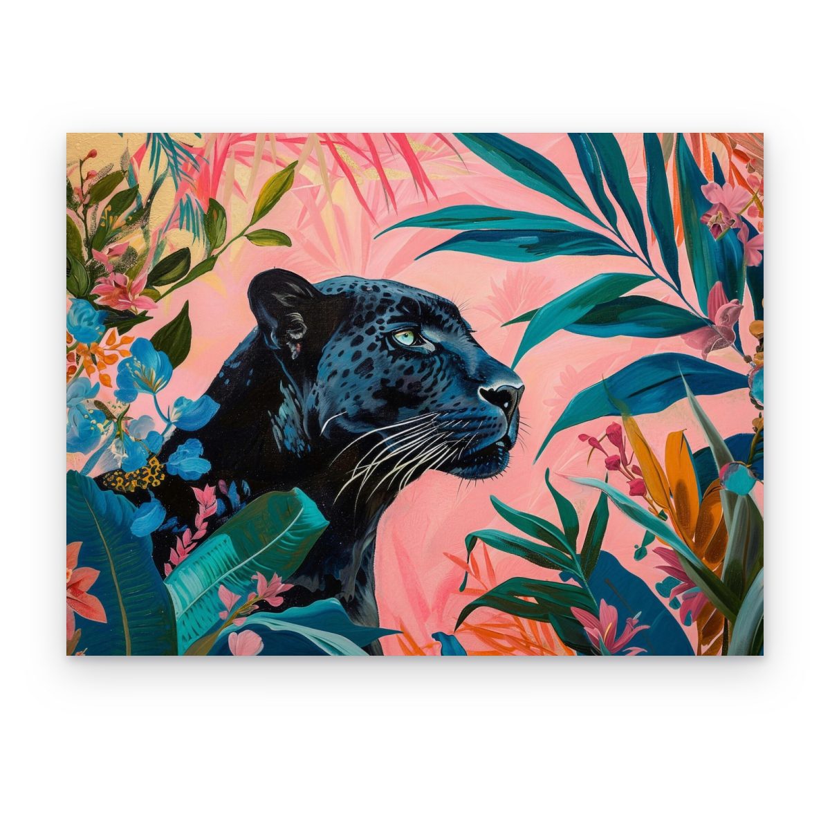 Cuadro Pantera Tropical impreso en canvas, pantera negra entre hojas tropicales y flores sobre fondo rosa