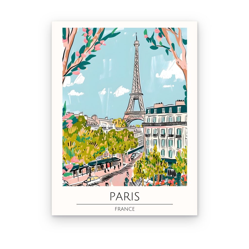 Cuadro París en Flor impreso en canvas, Torre Eiffel entre árboles en flor rosa, póster de viaje ilustrado