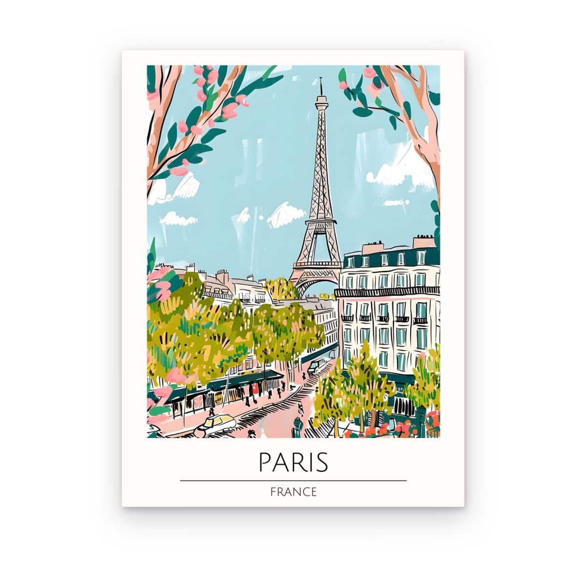 Cuadro París en Flor impreso en canvas, Torre Eiffel entre árboles en flor rosa, póster de viaje ilustrado