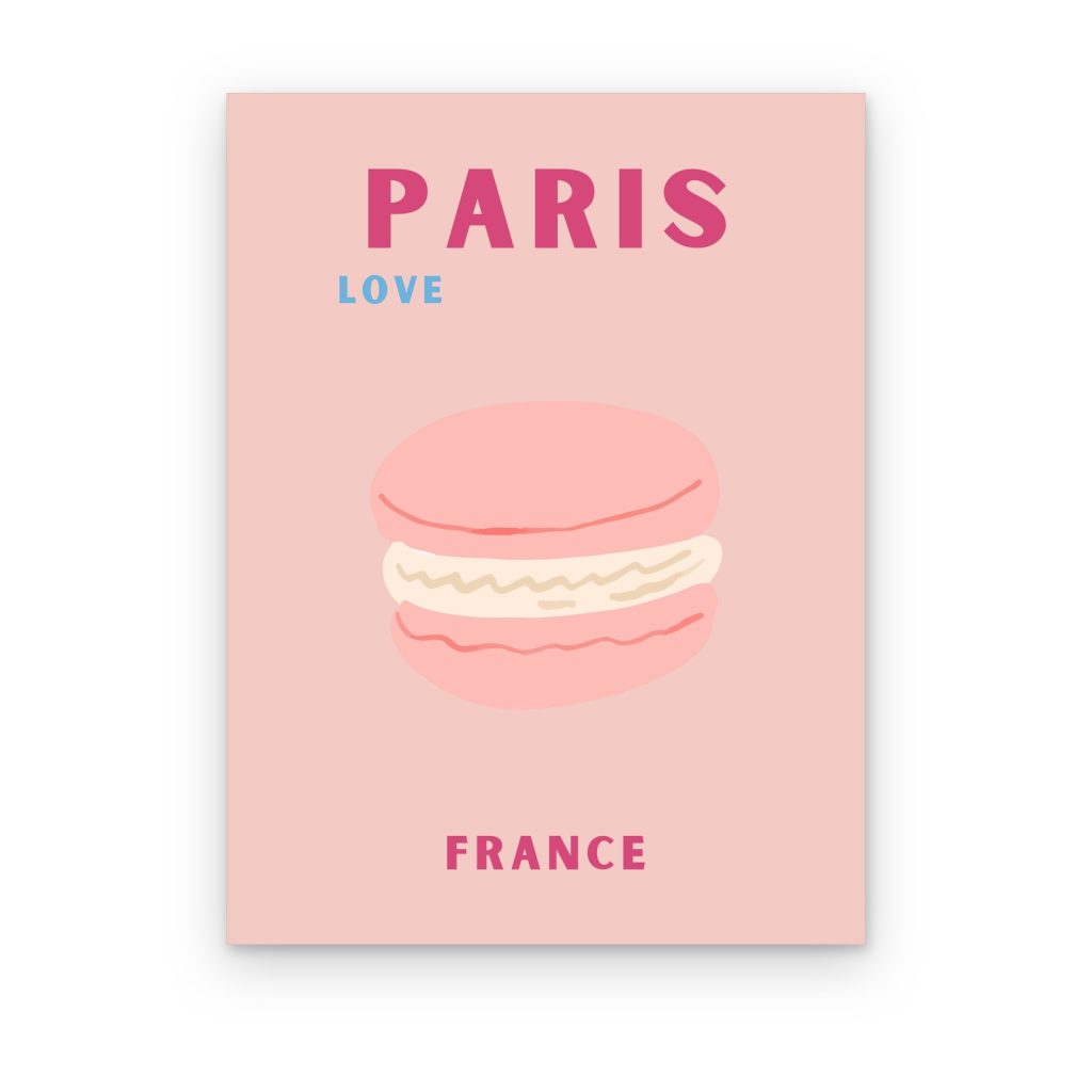 Cuadro París Macaron impreso en canvas, macaron rosa sobre fondo rosa pastel con letras PARIS y FRANCE