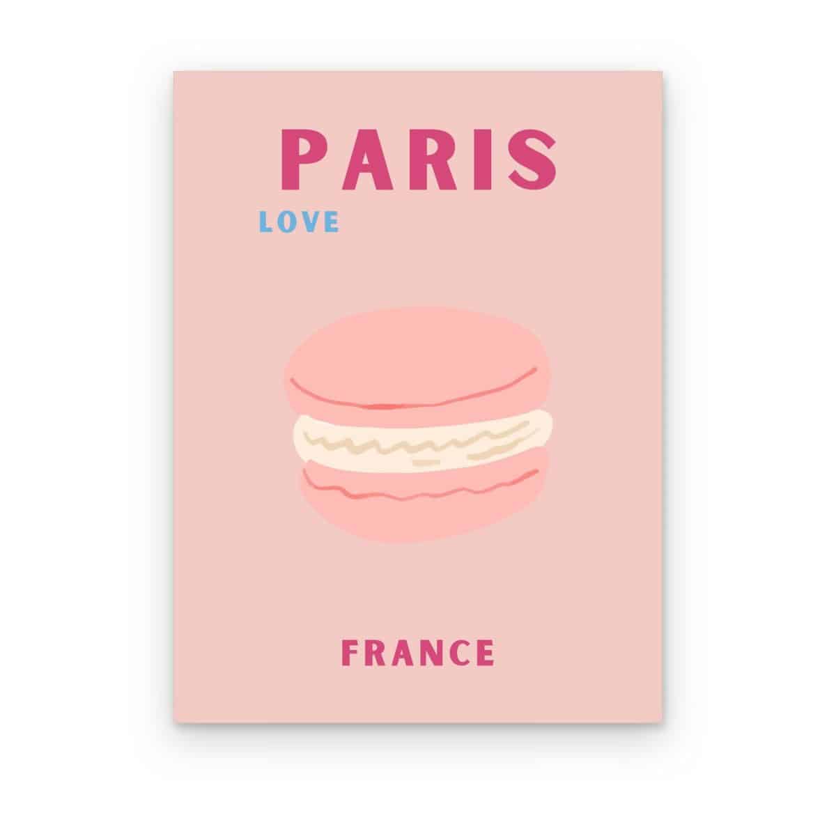 Cuadro París Macaron impreso en canvas, macaron rosa sobre fondo rosa pastel con letras PARIS y FRANCE