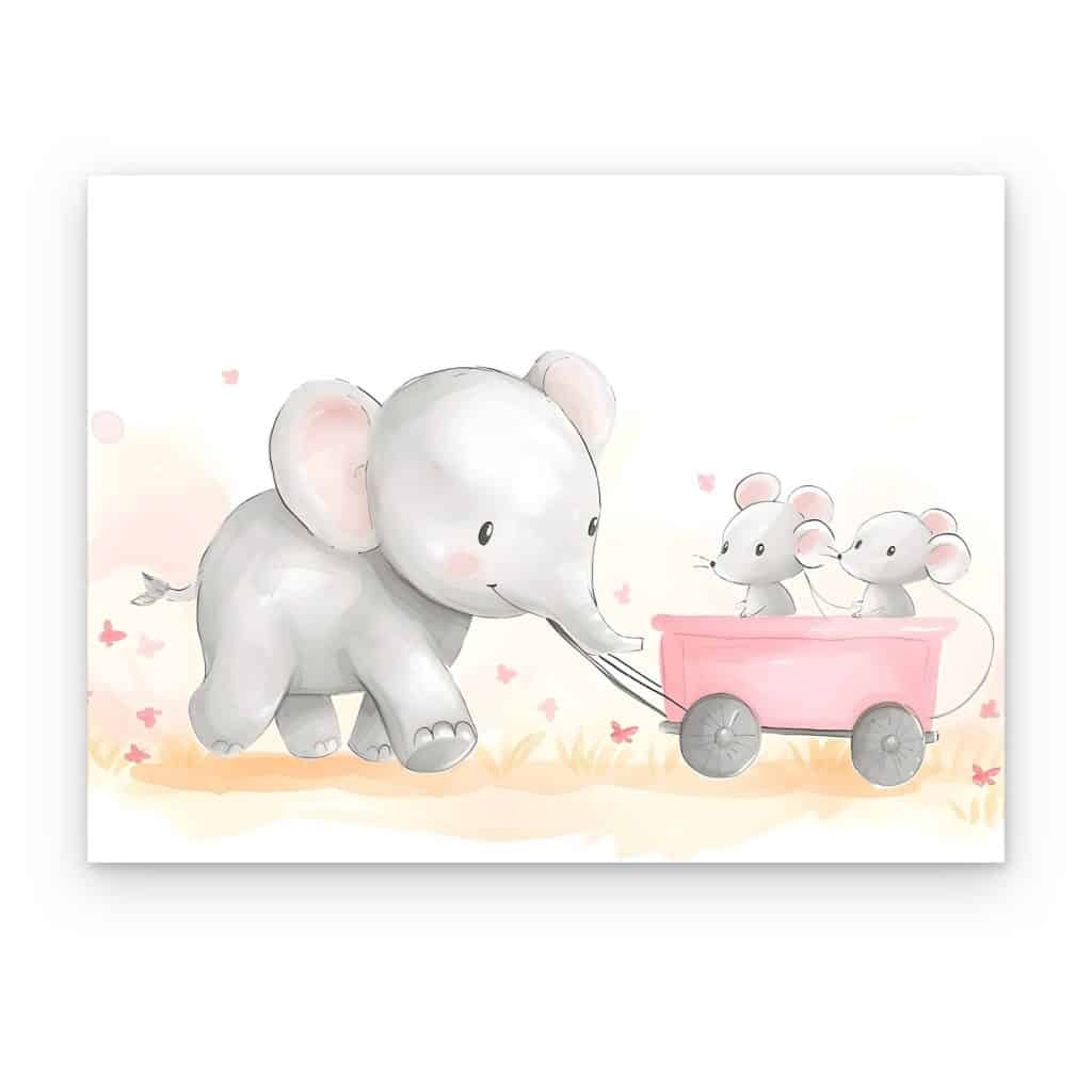 Cuadro Paseo del Elefante impreso en canvas, elefantito jalando un carrito con ratones