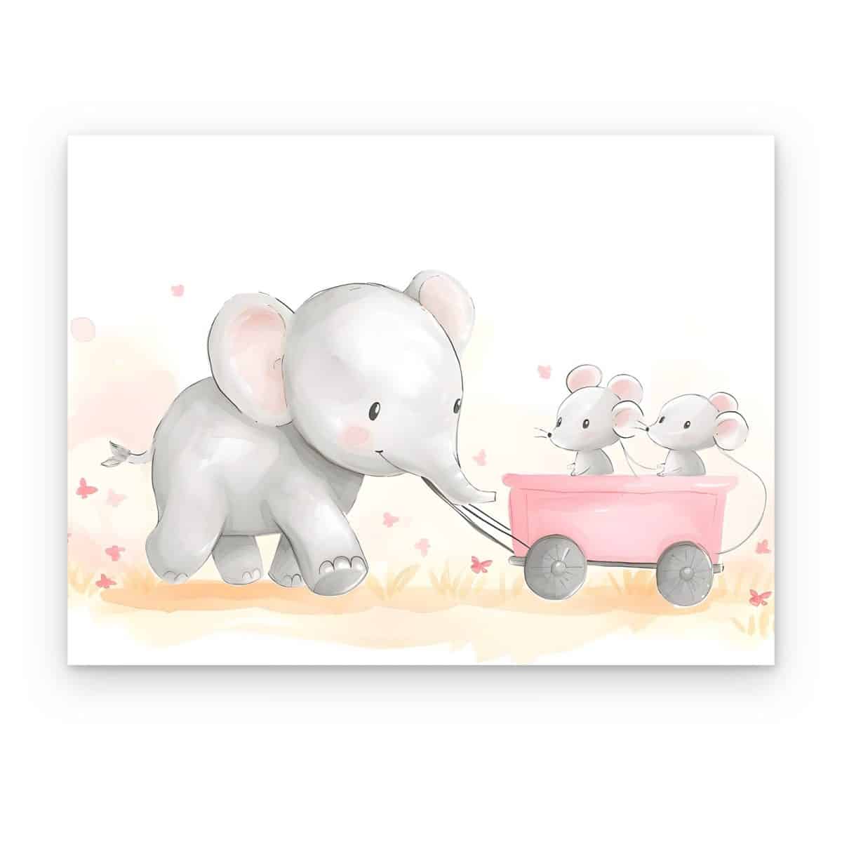 Cuadro Paseo del Elefante impreso en canvas, elefantito jalando un carrito con ratones