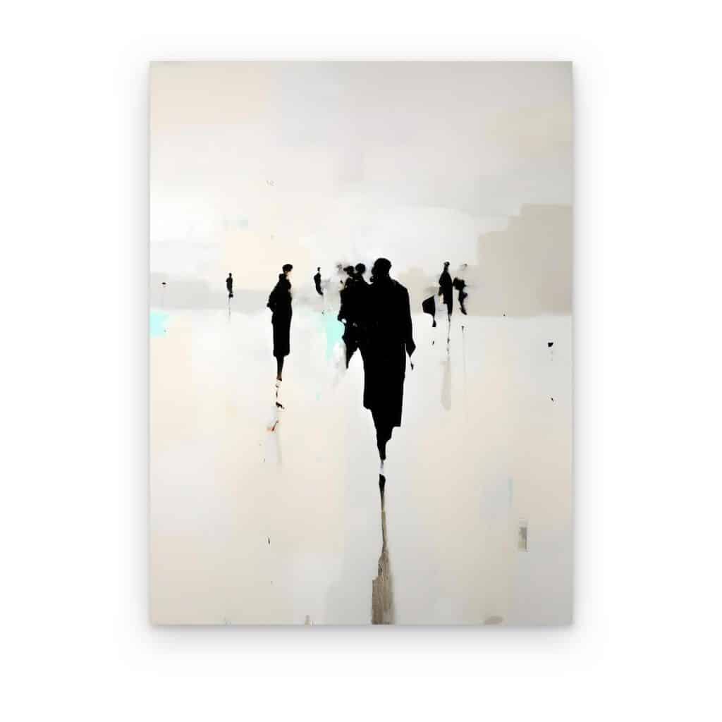 Cuadro Paseo en la Niebla impreso en canvas, siluetas caminando sobre suelo reflejante