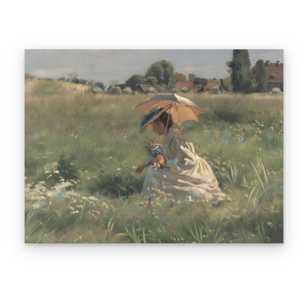 Cuadro Paseo entre Flores impreso en canvas, mujer con sombrilla recogiendo flores en un prado