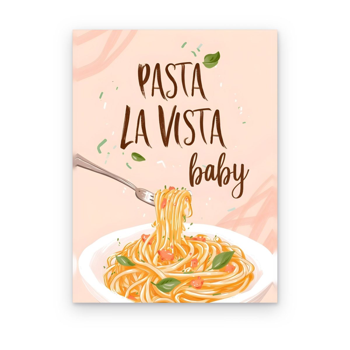Cuadro Pasta La Vista Baby impreso en canvas, plato de espagueti con tenedor y frase en letras café sobre rosa
