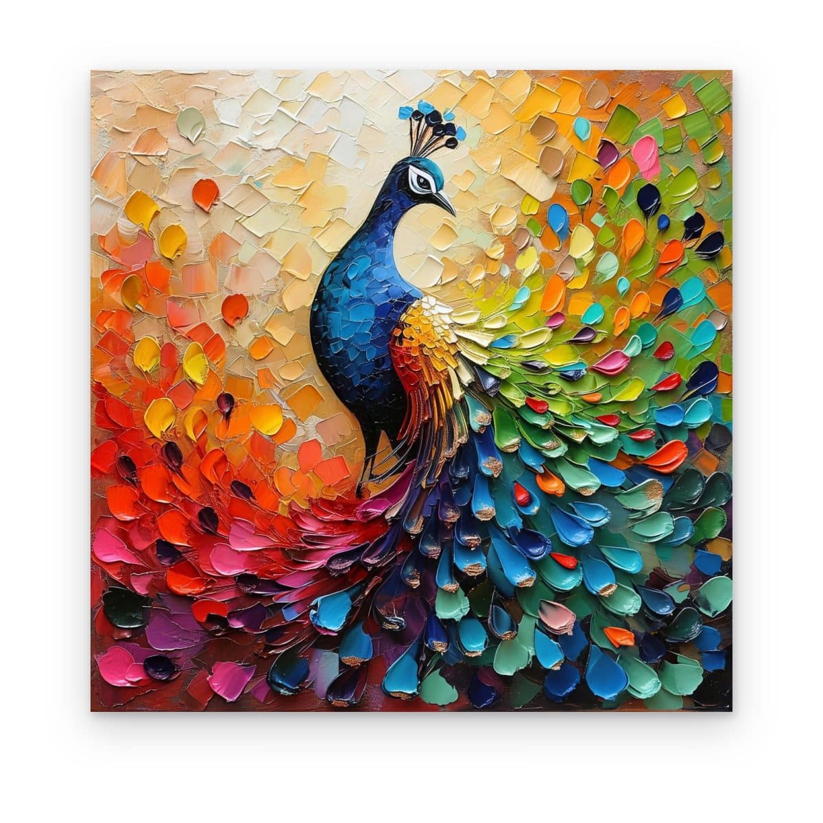 Cuadro Pavo Real Arcoíris impreso en canvas, pavo real multicolor pintado con espátula y textura impasto
