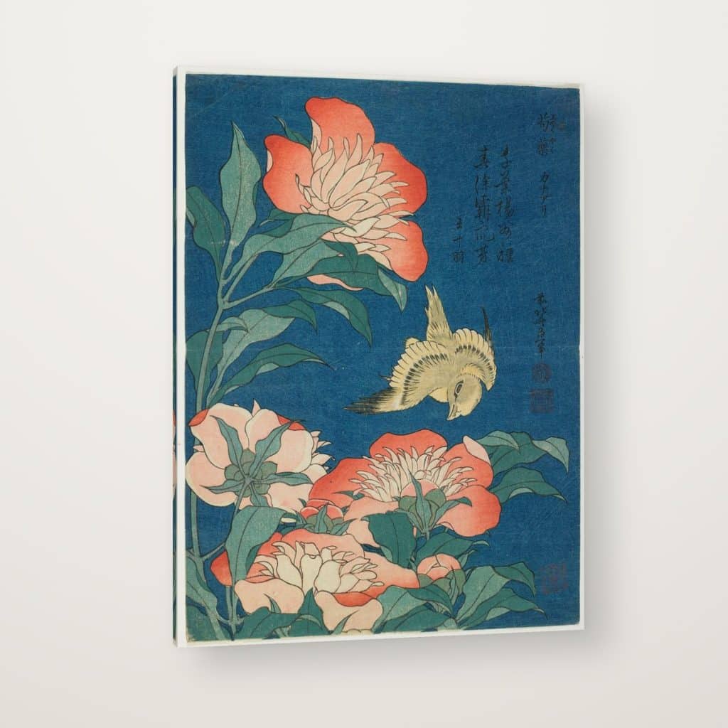 Peonías y Canario de Hokusai en canvas con canto en espejo