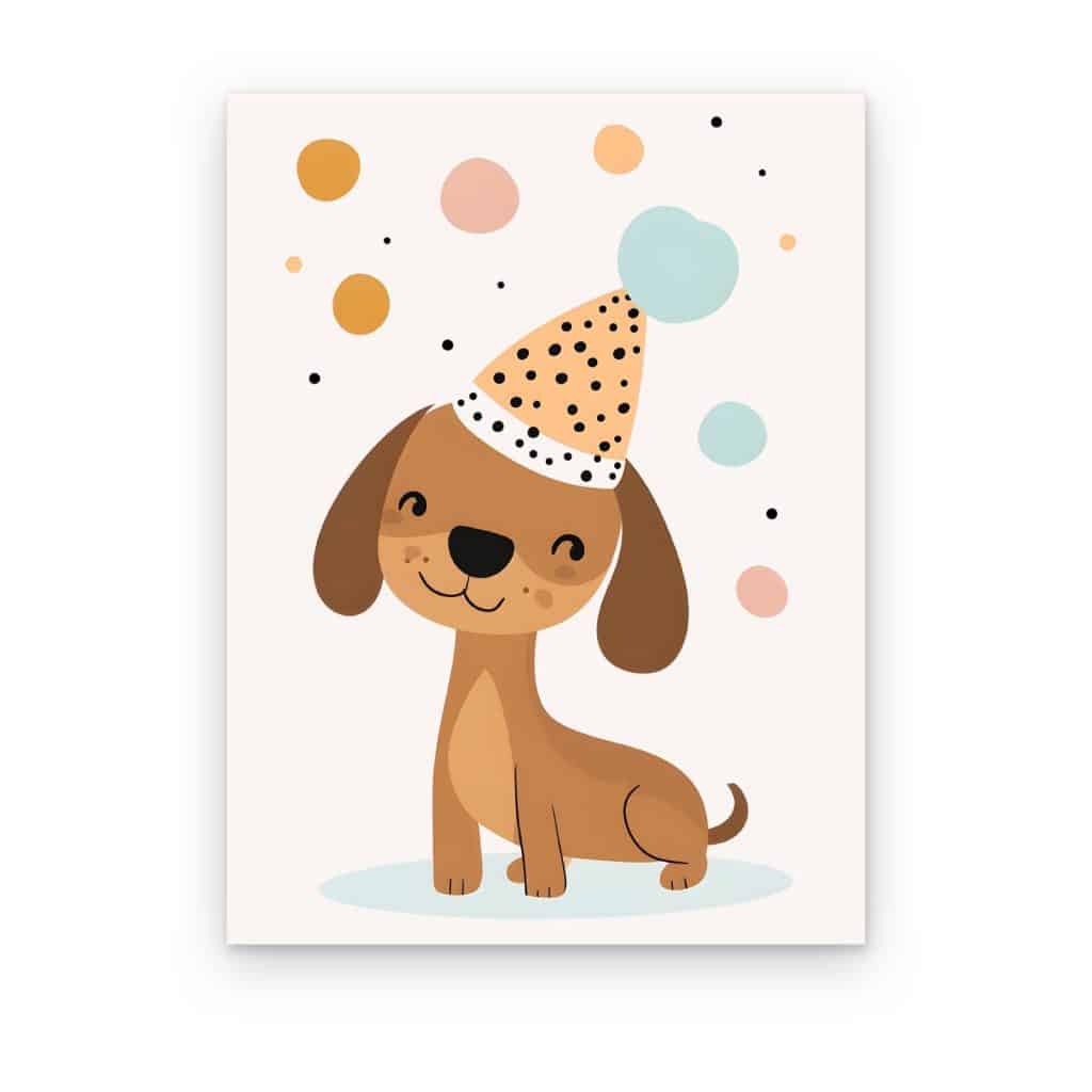 Cuadro Perrito de Fiesta impreso en canvas, cachorro con gorro de fiesta y confeti