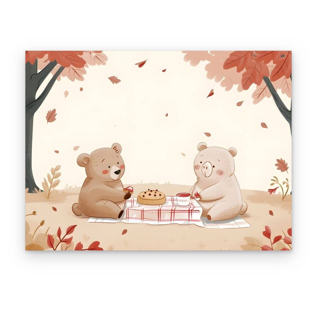 Cuadro Picnic de Osos impreso en canvas, dos osos de picnic bajo árboles de otoño