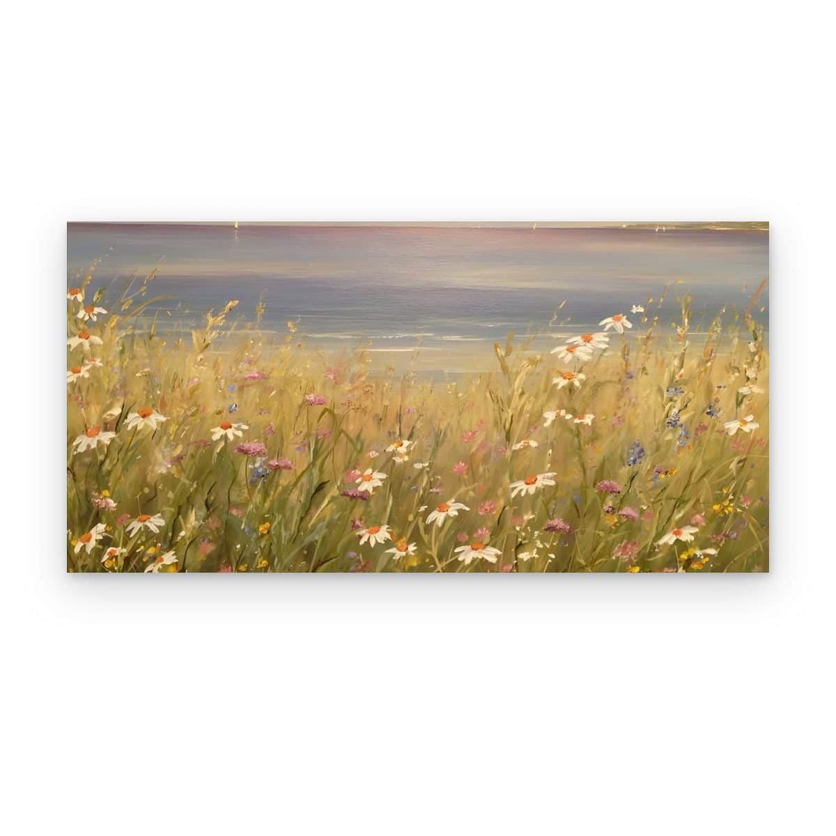 Cuadro Pradera junto al Mar impreso en canvas, paisaje panorámico de flores y mar