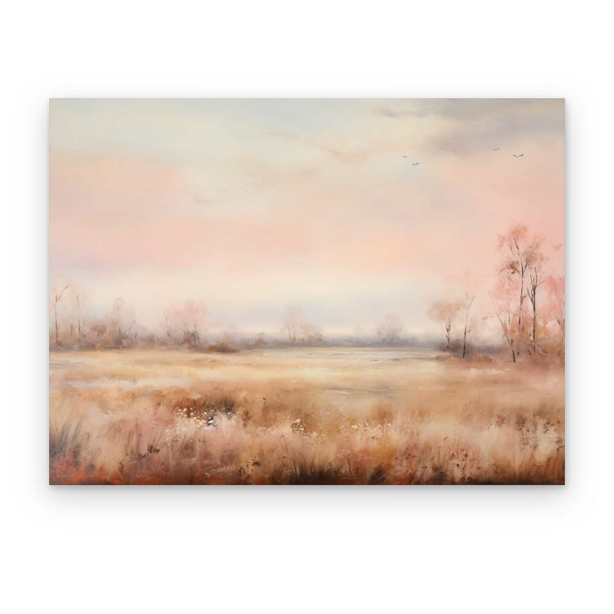 Cuadro Pradera Rosada impreso en canvas, pradera dorada con árboles de copas rosadas y cielo pastel