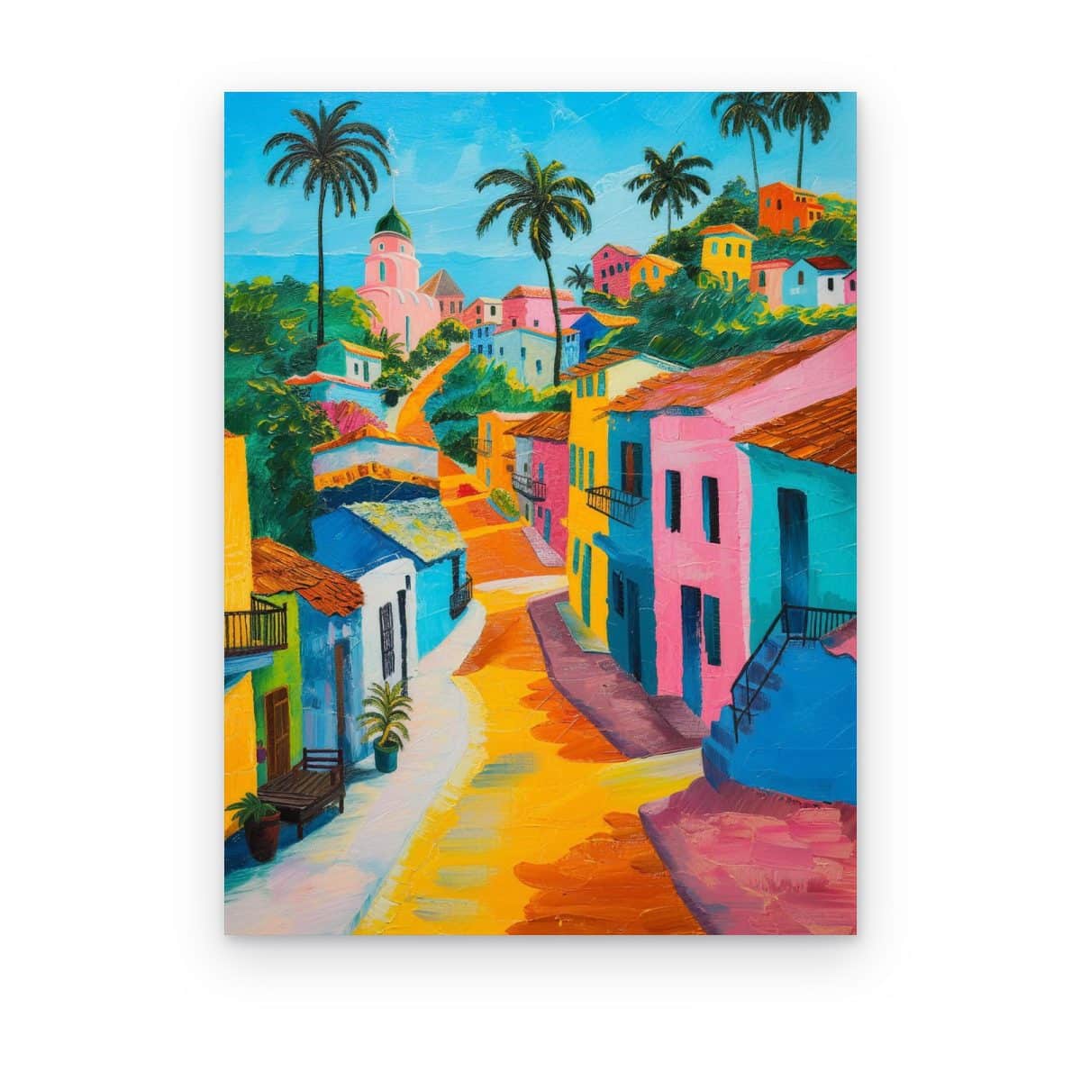 Cuadro Pueblo de Colores impreso en canvas, calle de pueblo con casas rosas y azules, palmeras y cielo turquesa