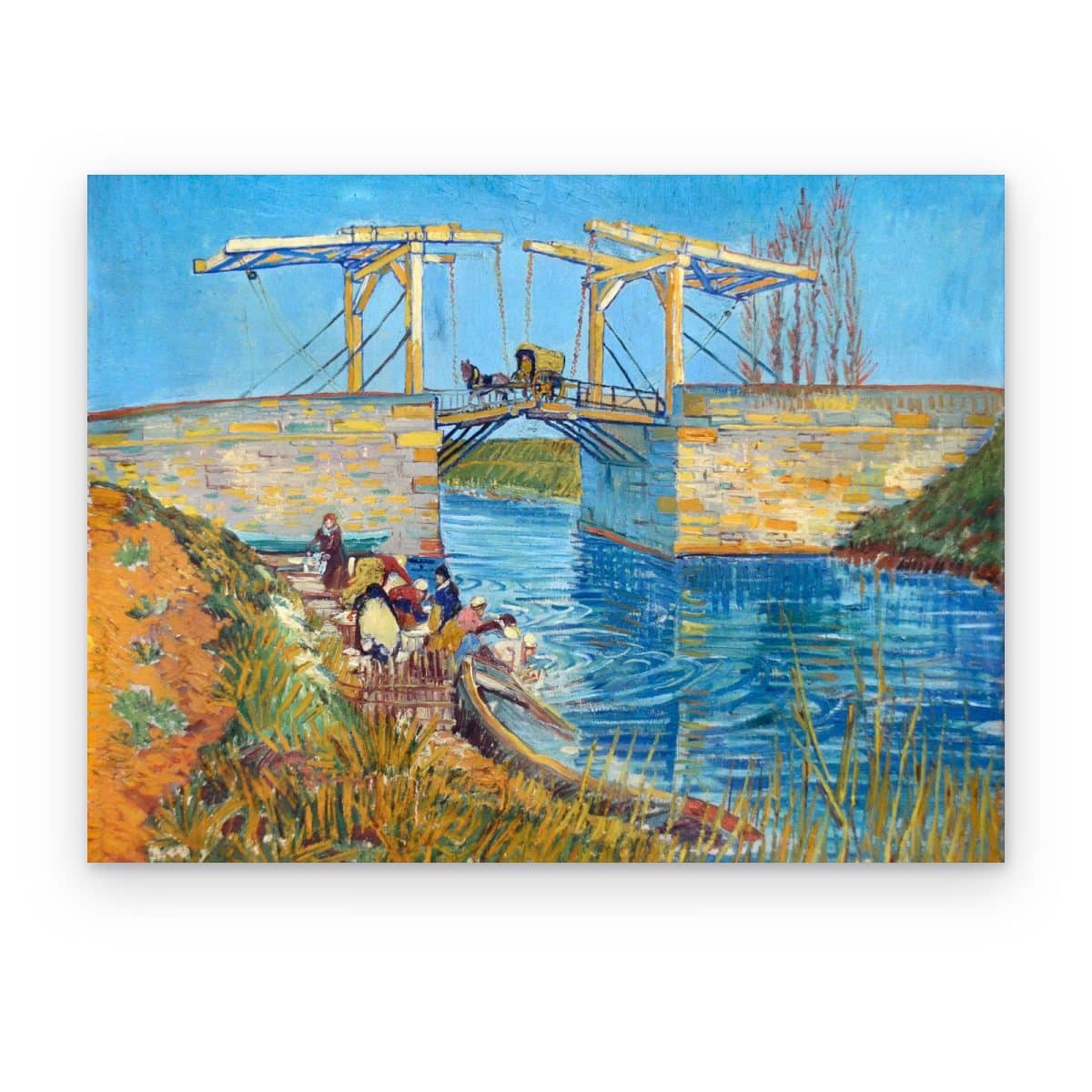 Cuadro Puente de Langlois impreso en canvas, puente levadizo sobre canal azul con lavanderas en la orilla