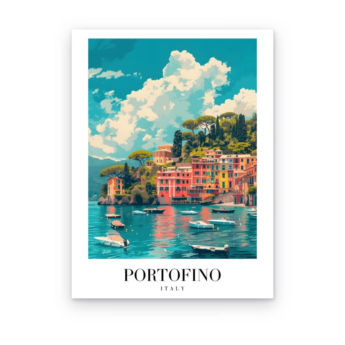 Cuadro Puerto de Portofino impreso en canvas, casas de colores, barcos y agua turquesa bajo nubes