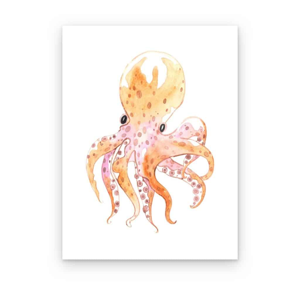 Cuadro Pulpo Acuarela impreso en canvas, pulpo en acuarela durazno y rosa