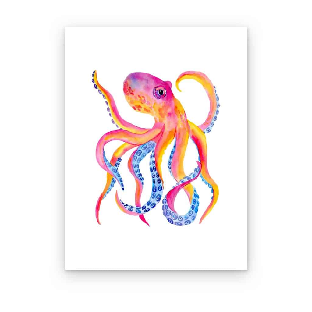 Cuadro Pulpo Coral impreso en canvas, pulpo en acuarela rosa y naranja con ventosas azules