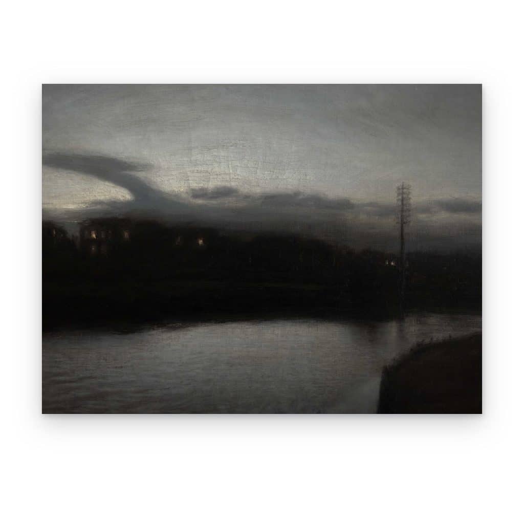 Cuadro Río al Anochecer impreso en canvas, río oscuro con luces lejanas al anochecer