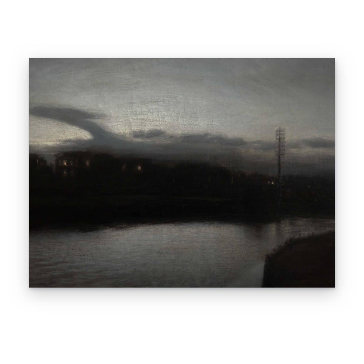 Cuadro Río al Anochecer impreso en canvas, río oscuro con luces lejanas al anochecer