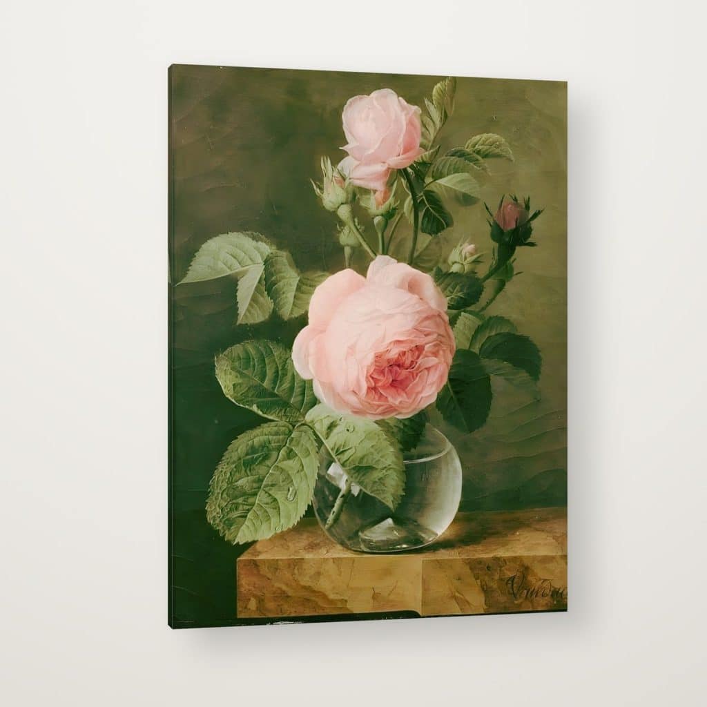 Rosa en Jarrón de Cristal en canvas con canto en espejo