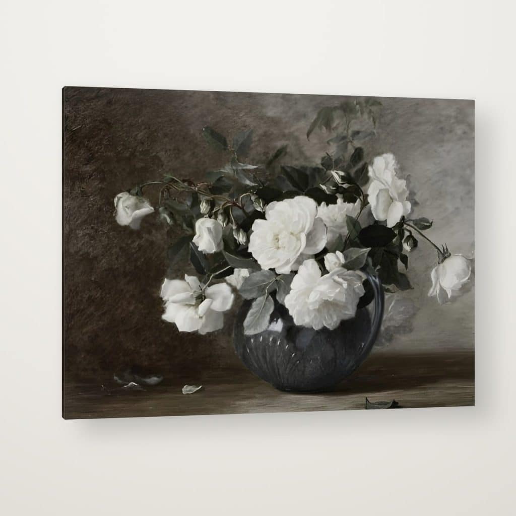 Rosas Blancas en canvas con canto en espejo