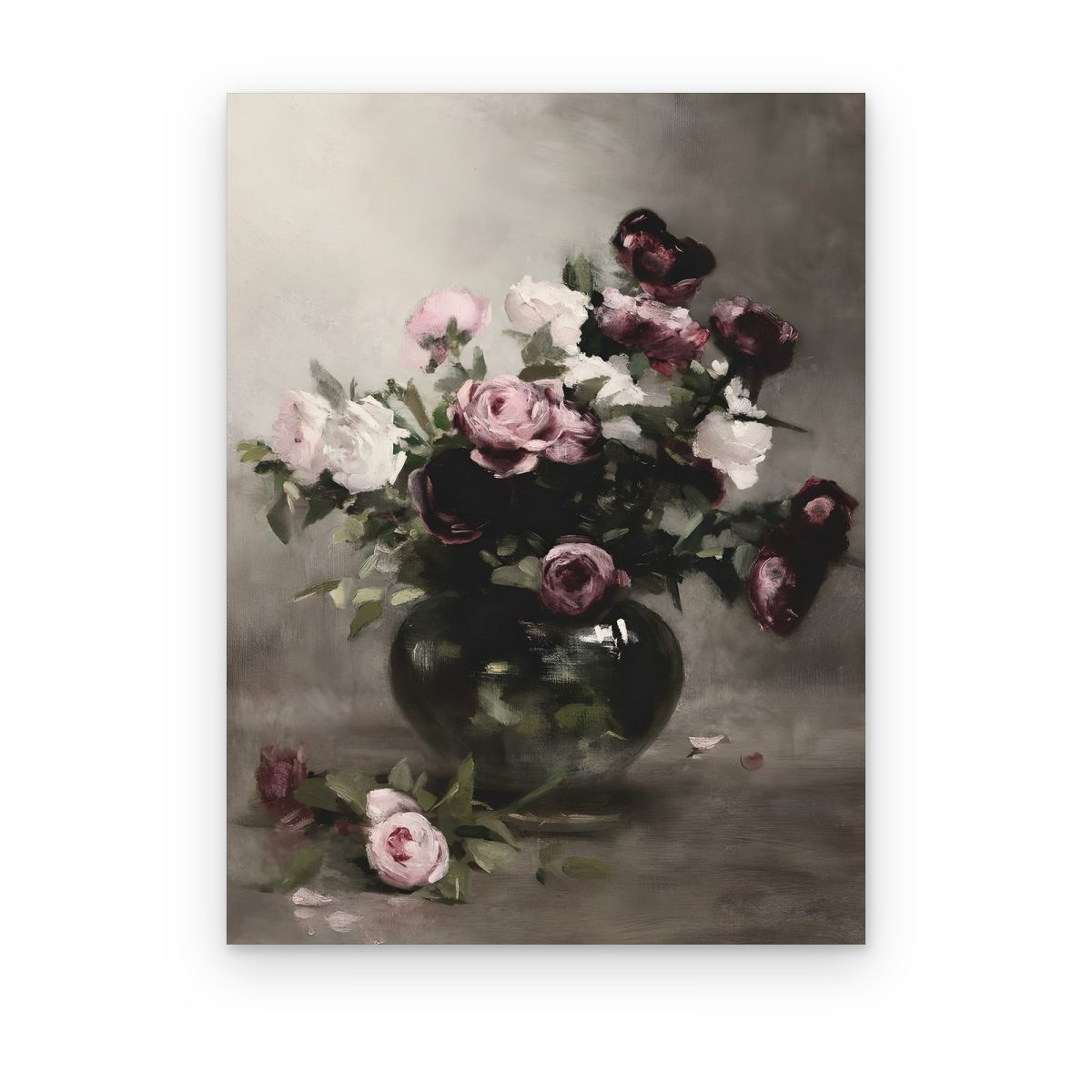 Cuadro Rosas Borgoña impreso en canvas, rosas borgoña y rosas en jarrón oscuro sobre fondo gris