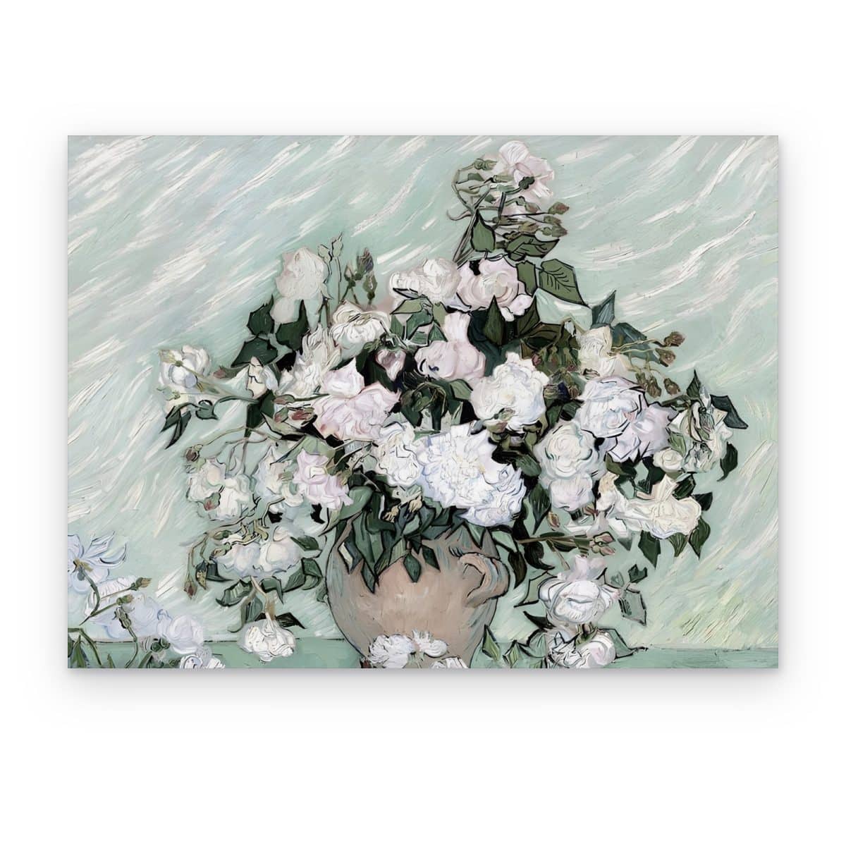 Cuadro Rosas de Saint-Rémy impreso en canvas, ramo de rosas blancas sobre fondo verde menta, de Van Gogh