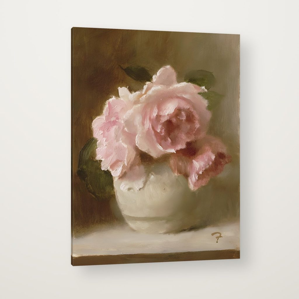 Rosas en Cuenco en canvas con canto en espejo