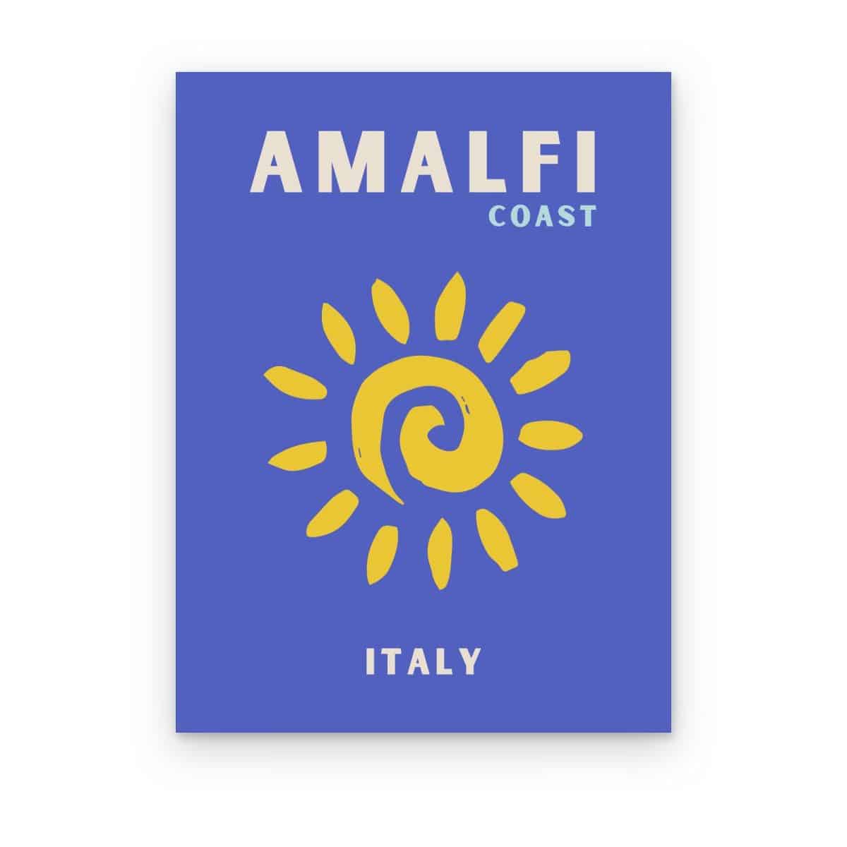 Cuadro Sol de Amalfi impreso en canvas, sol amarillo en espiral sobre fondo azul con texto Amalfi Coast