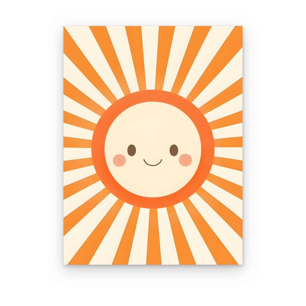 Cuadro Sol Retro impreso en canvas, sol sonriente con rayos naranjas
