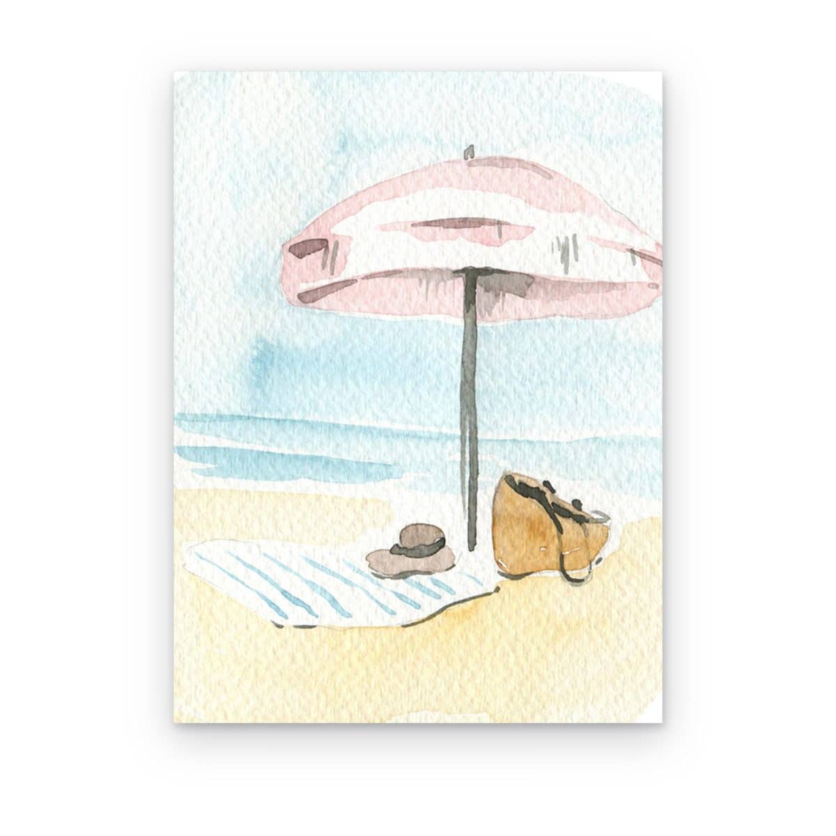Cuadro Sombrilla Rosa impreso en canvas, sombrilla rosa, sombrero y bolsa de playa en acuarela