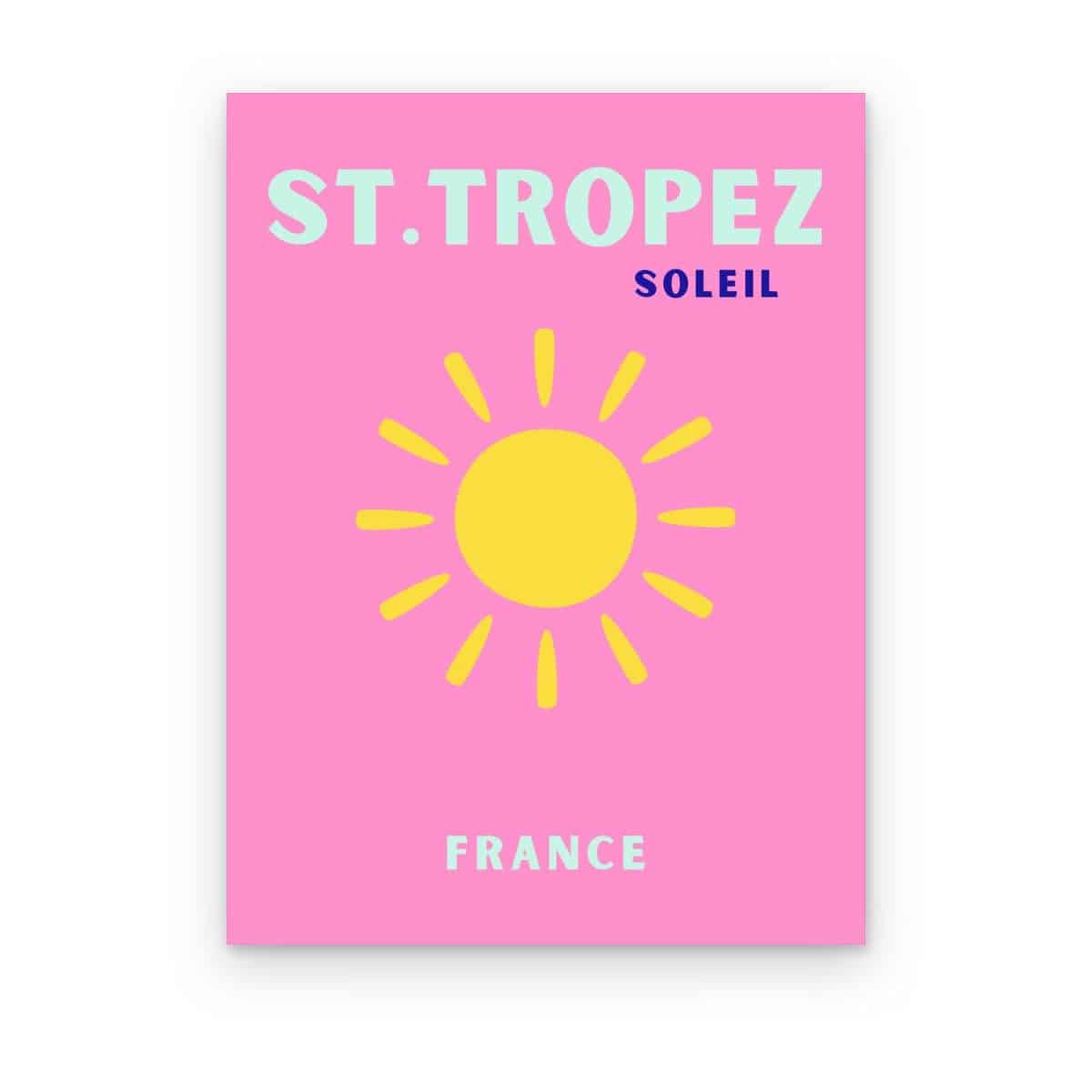 Cuadro St. Tropez Preppy impreso en canvas, póster preppy de St. Tropez con sol amarillo sobre fondo rosa