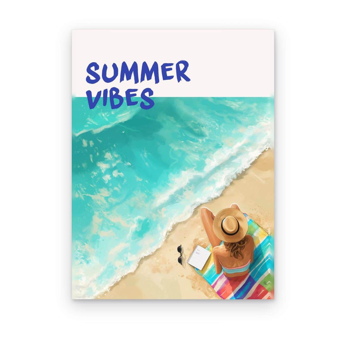 Cuadro Summer Vibes impreso en canvas, mujer tomando el sol junto a olas turquesa con letras azules