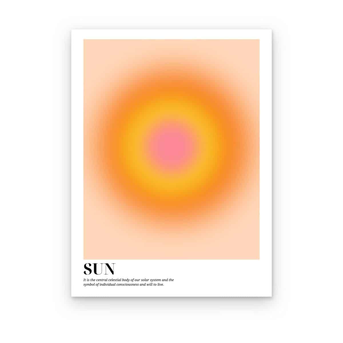 Cuadro Sun Aura impreso en canvas, degradado circular naranja con centro rosa y la palabra Sun