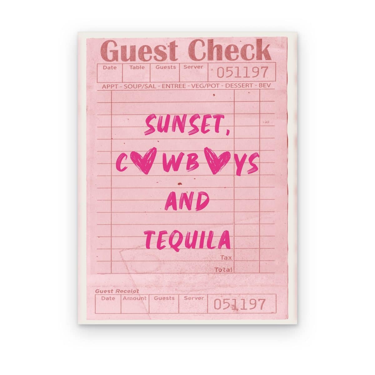 Cuadro Sunset, Cowboys and Tequila impreso en canvas, comanda vintage rosa con frase vaquera en letras fucsia