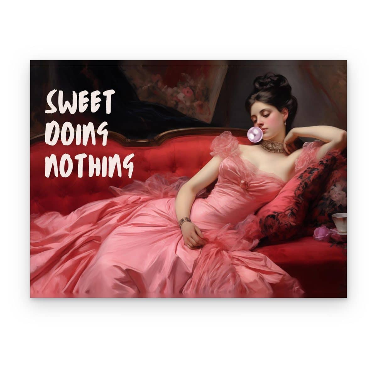 Cuadro Sweet Doing Nothing impreso en canvas, dama de rosa con chicle recostada en sofá rojo