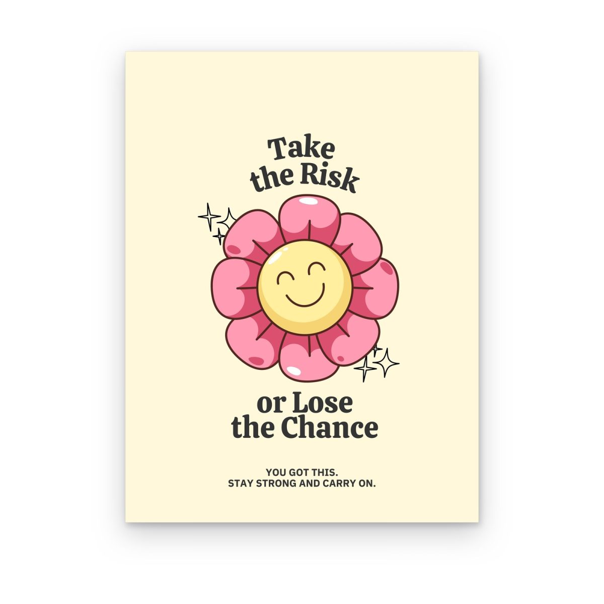 Cuadro Take the Risk impreso en canvas, flor rosa sonriente con frase en letras negras sobre fondo crema