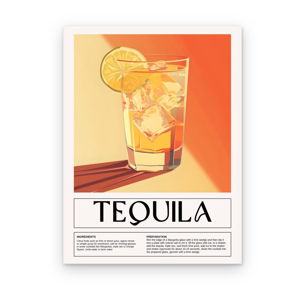 Cuadro Tequila en las Rocas impreso en canvas, vaso de tequila con hielo y limón sobre degradado naranja