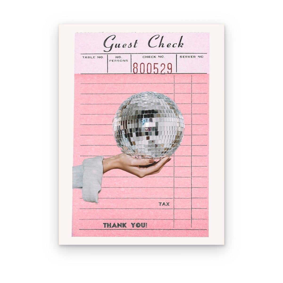 Cuadro Thank You Disco impreso en canvas, comanda rosa con mano sosteniendo una bola disco plateada