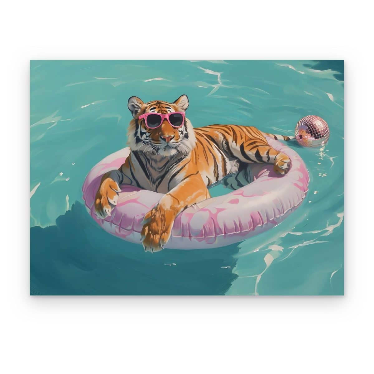 Cuadro Tigre en Flotador impreso en canvas, tigre con lentes rosas sobre flotador en alberca turquesa
