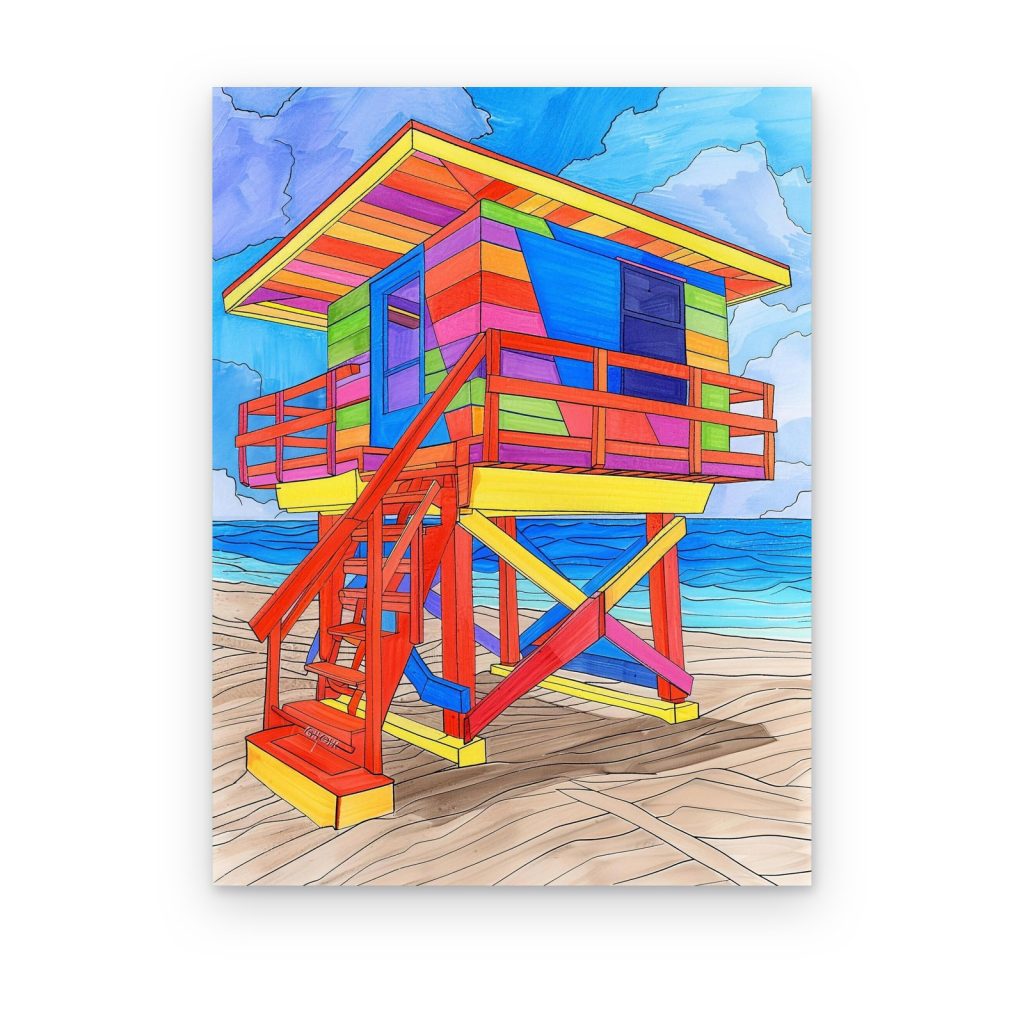 Cuadro Torre Salvavidas Arcoíris impreso en canvas, torre de salvavidas de rayas multicolor frente al mar