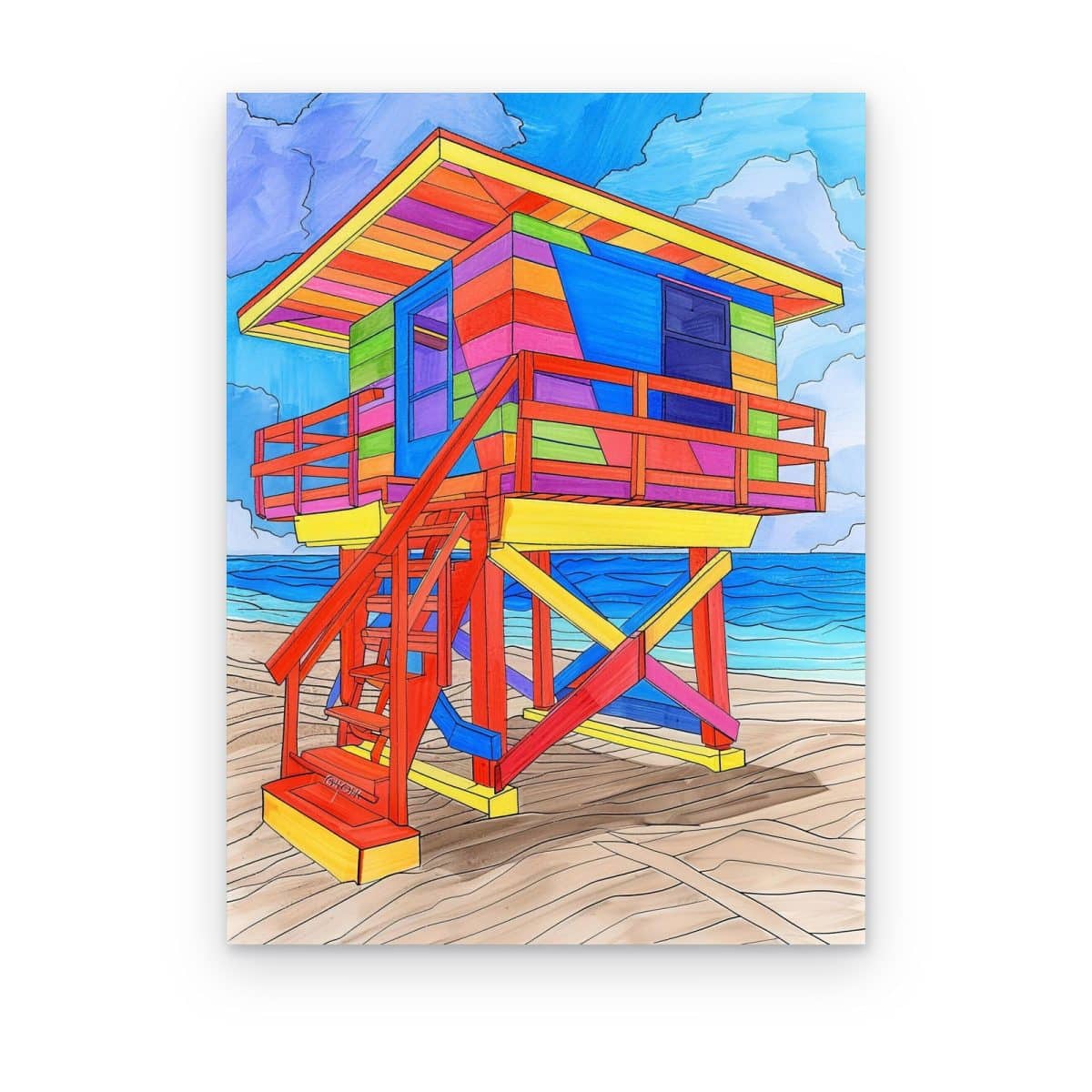 Cuadro Torre Salvavidas Arcoíris impreso en canvas, torre de salvavidas de rayas multicolor frente al mar
